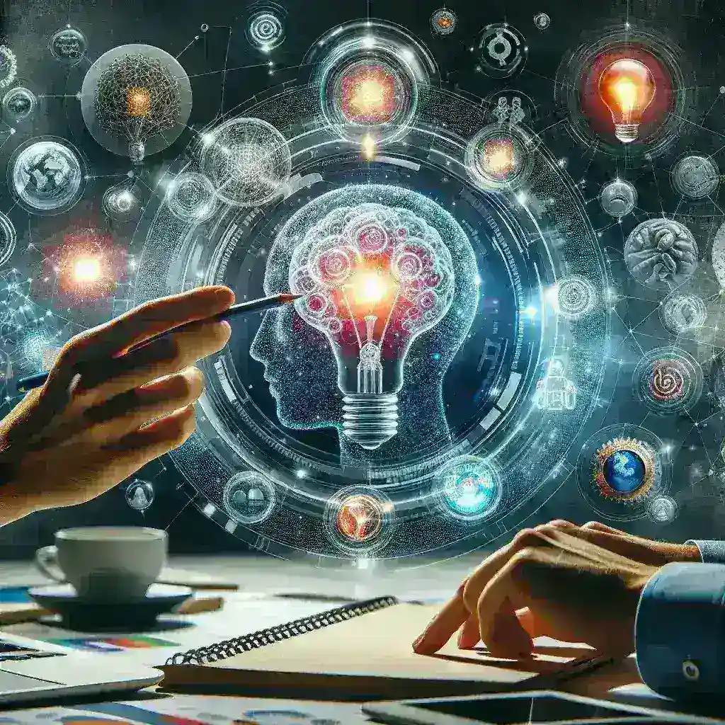"Illustration of a diverse group of professionals collaborating in front of a digital screen, brainstorming innovative ideas with AI tools, symbolizing the revolution of creative thinking in the digital age."