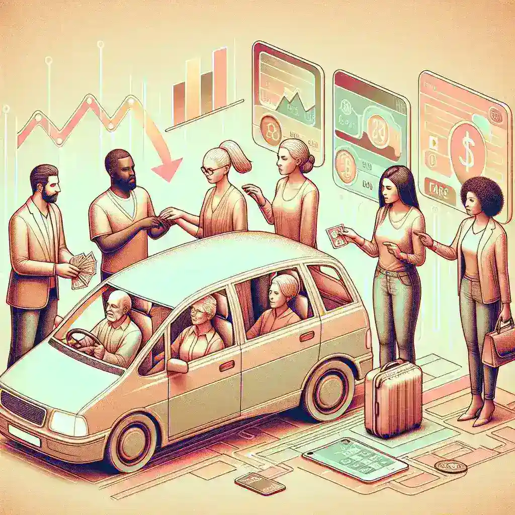 "Group of friends using Lyft app for ride-splitting with real-time fare calculator displayed on smartphone, illustrating Lyft's new feature for easy shared rides."