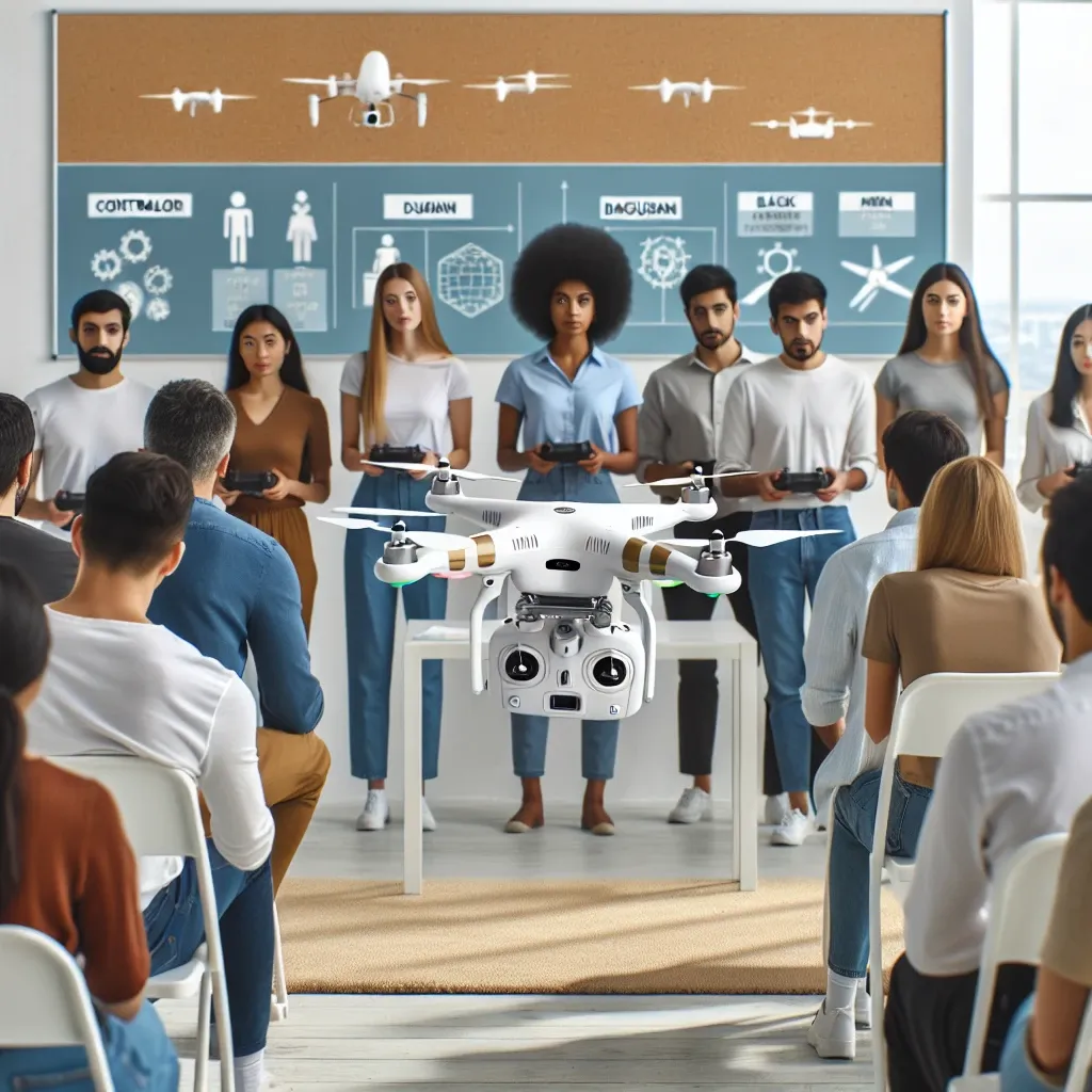 Alt text: "DJI training program for drone certification in the U.S. featuring participants engaged in hands-on instruction with drones at a training facility."